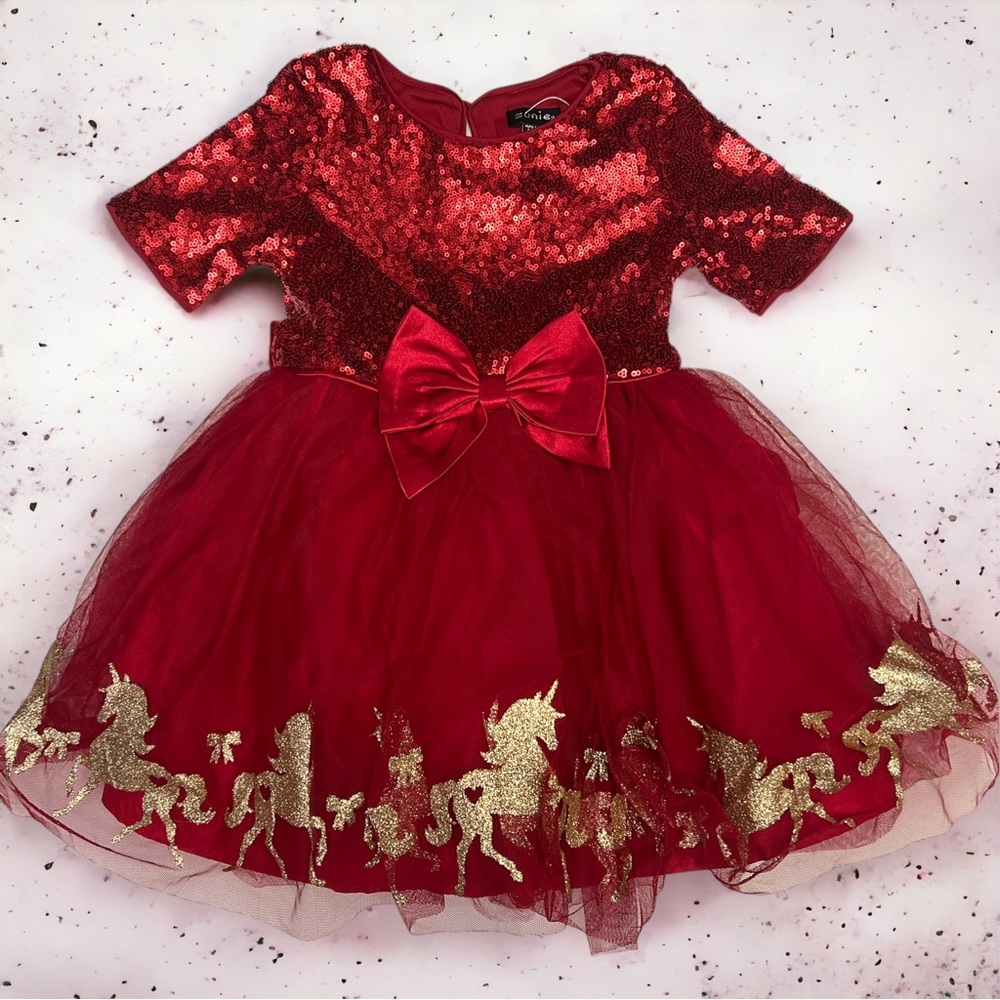 Zunie Girl’s Sequin Holiday Dress Red with Gold Glitter Unicorns Size 4 …